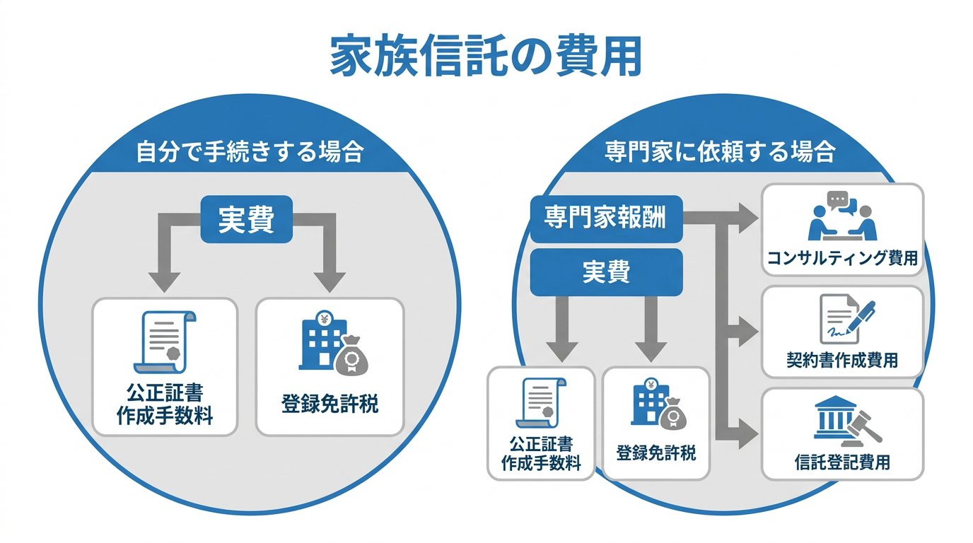 家族信託にかかる費用の内訳を図解したインフォグラフィック。「自分で手続きする場合」は実費のみ、「専門家に依頼する場合」は実費と専門家報酬がかかることを示している。