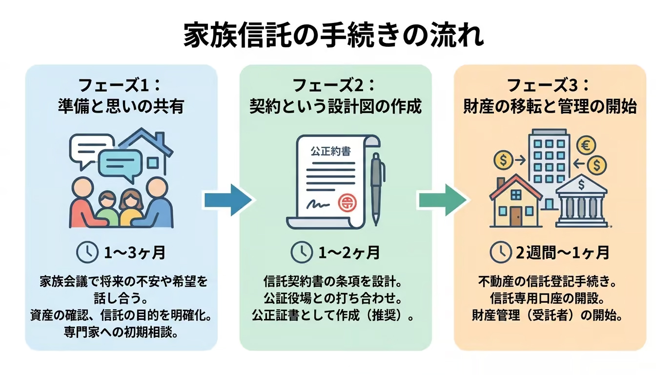 家族信託の手続きの全体像を図解したインフォグラフィック。準備、契約、財産移転の3つのフェーズとそれぞれの期間の目安が示されている。