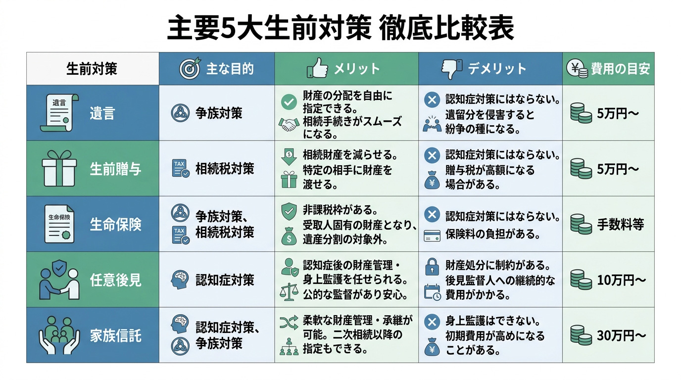 遺言、生前贈与、生命保険、任意後見、家族信託という5つの主要な生前対策を、目的、メリット、デメリット、費用の観点から比較したインフォグラフィック表。